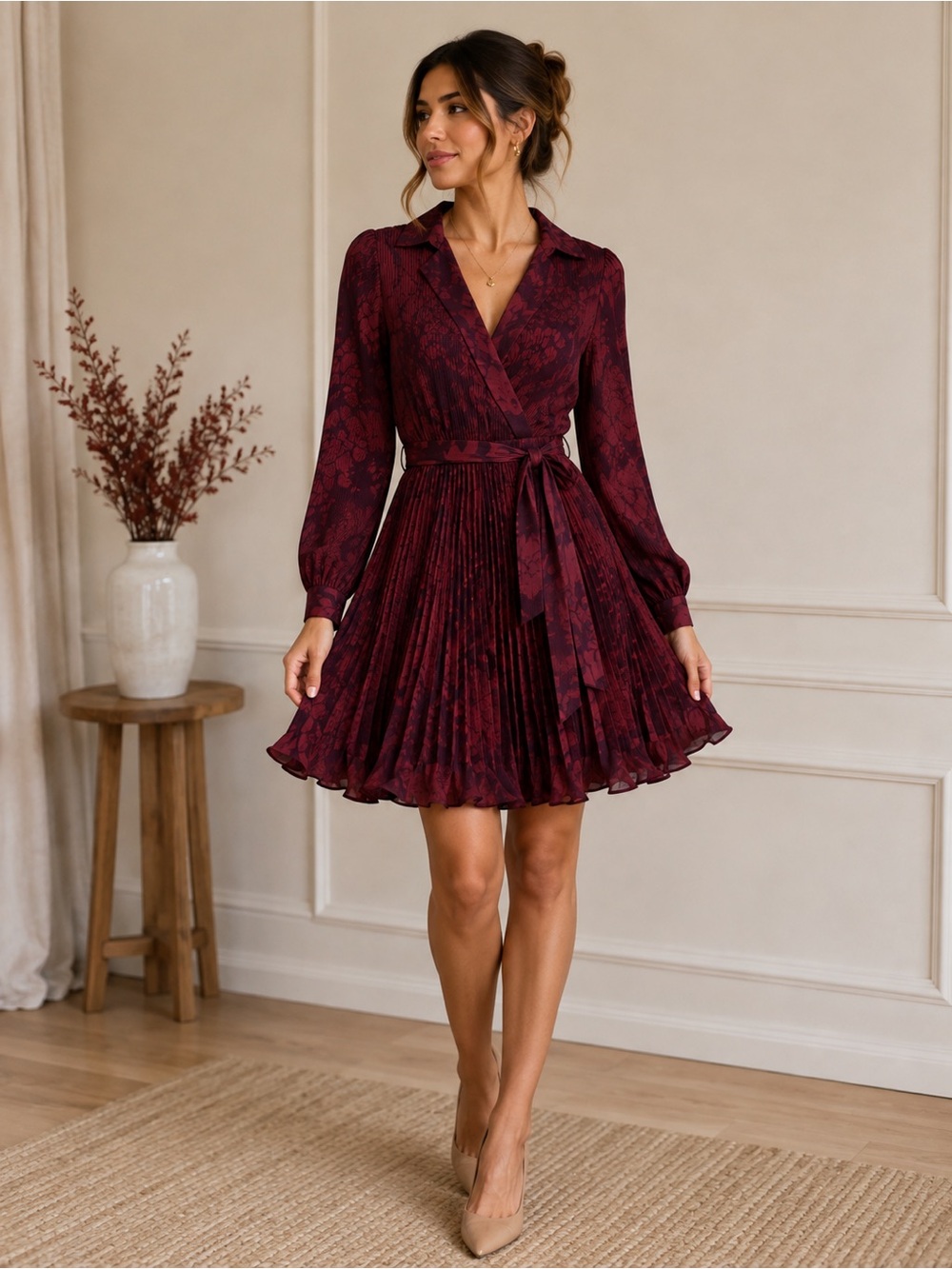 Taylor Burgundy Floral Pleated Wrap Dress | Long Sleeve | Size S